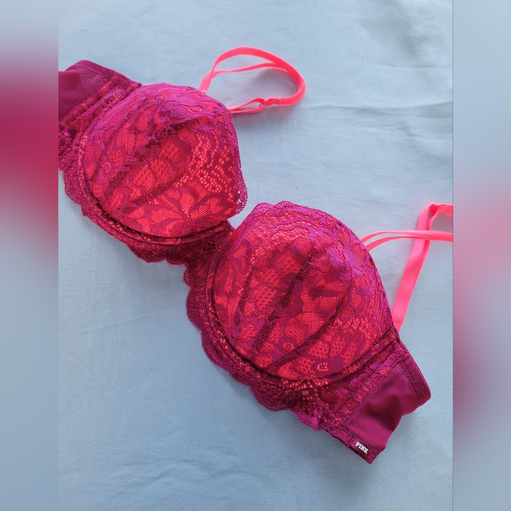 Victoria's Secret PINK Bra 34D Y2K Neon Fuchsia Lace Barbie Feminine Lingerie